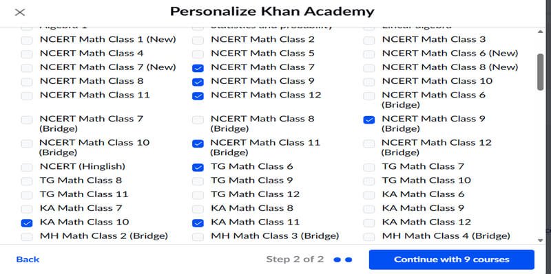 Khan Academy personalize courses page showing NCERT math class selection options