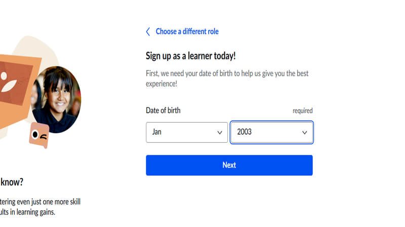 Khan Academy learner sign up page showing date of birth form during account creation