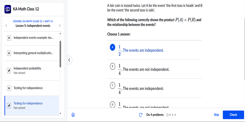 Khan Academy math practice test question page showing probability quiz and answer options