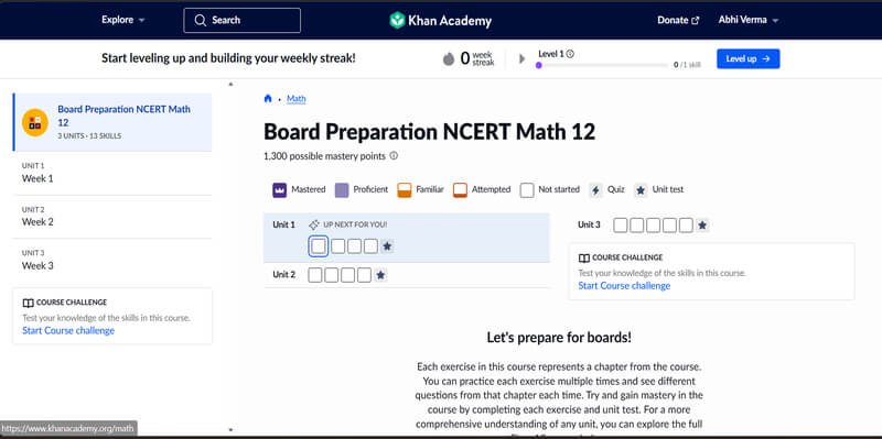 Khan Academy website course dashboard showing NCERT Math class 12 course