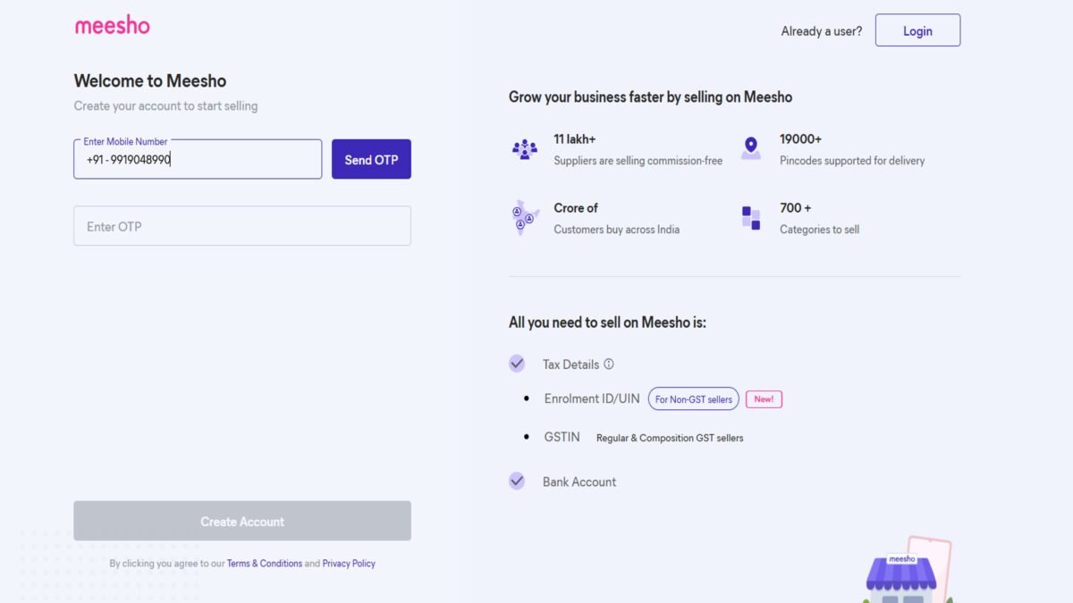 meesho seller signup account create page screenshot