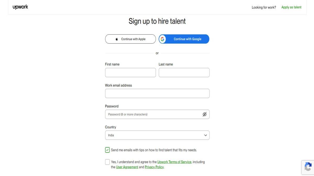 upwork signup account create page screenshot