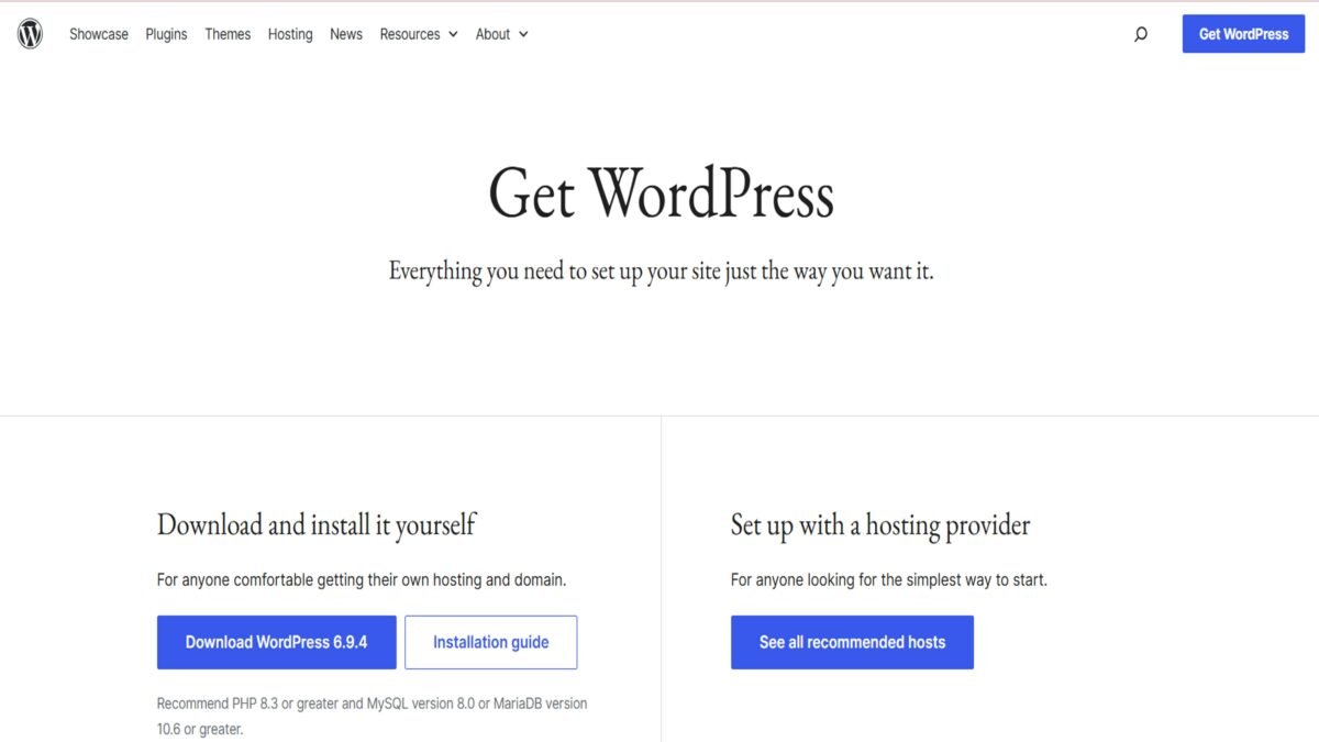 wordpress website setup get wordpress page screenshot