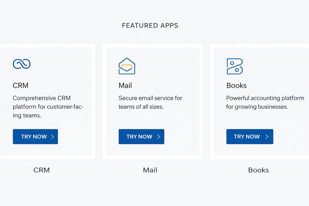 Zoho के featured apps — CRM, Mail और Books overview