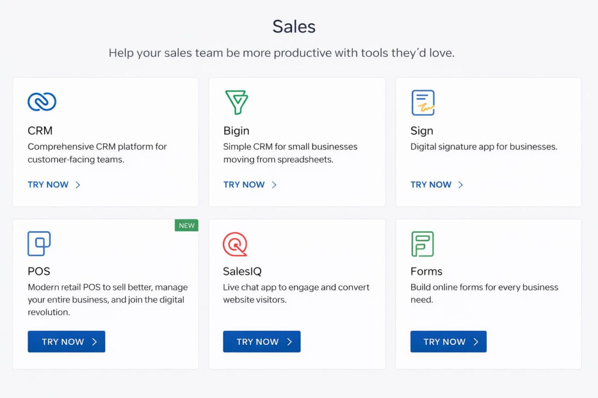 Zoho Sales tools overview — CRM, Bigin, Sign, POS, SalesIQ और Forms