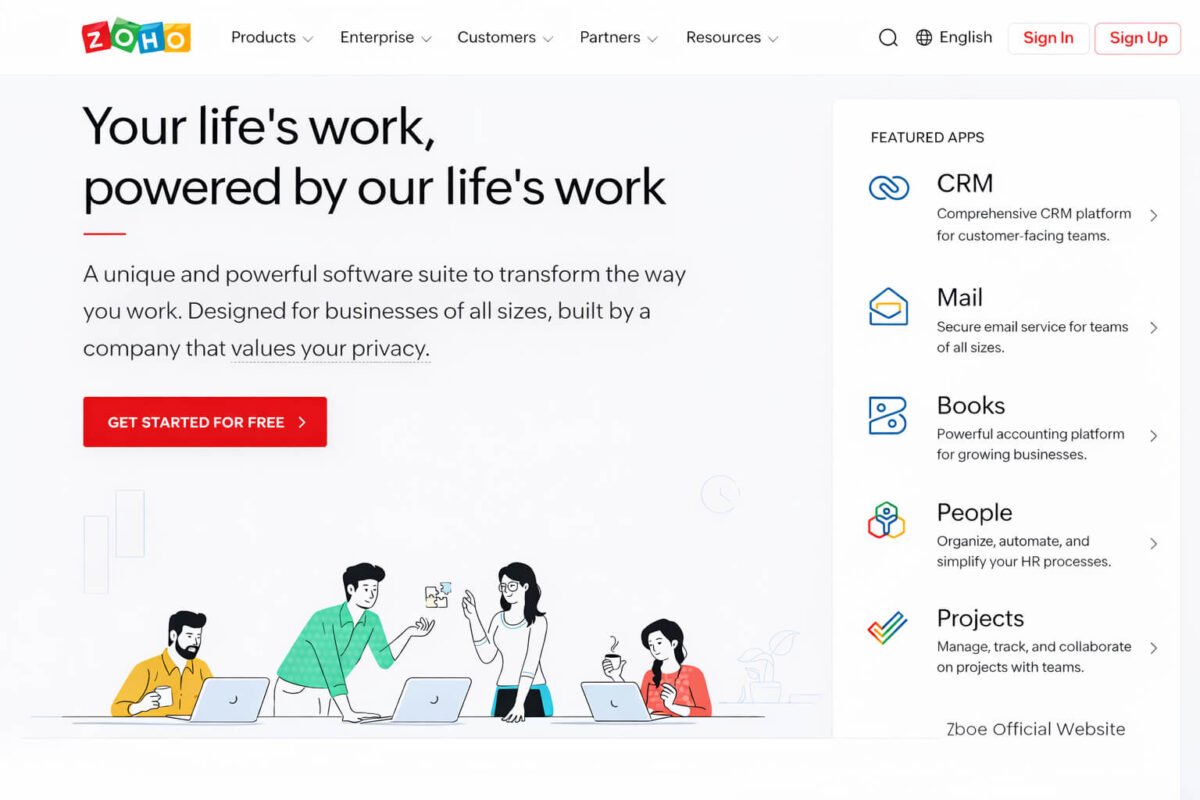 Zoho official website homepage showing CRM, Mail, Books, People and Projects business software options