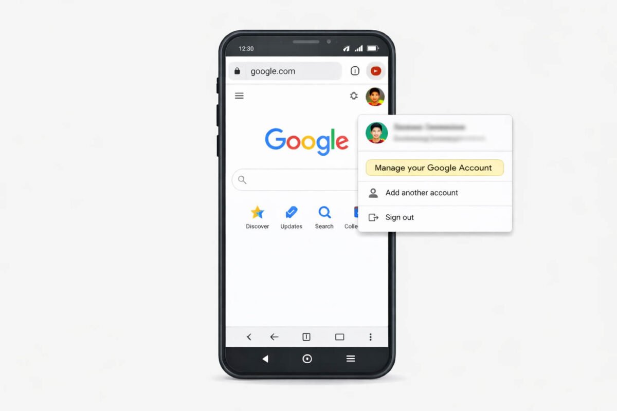 Mobile browser me Google account profile photo par tap karke sahi Gmail account switch karne ka option dikhata hua image