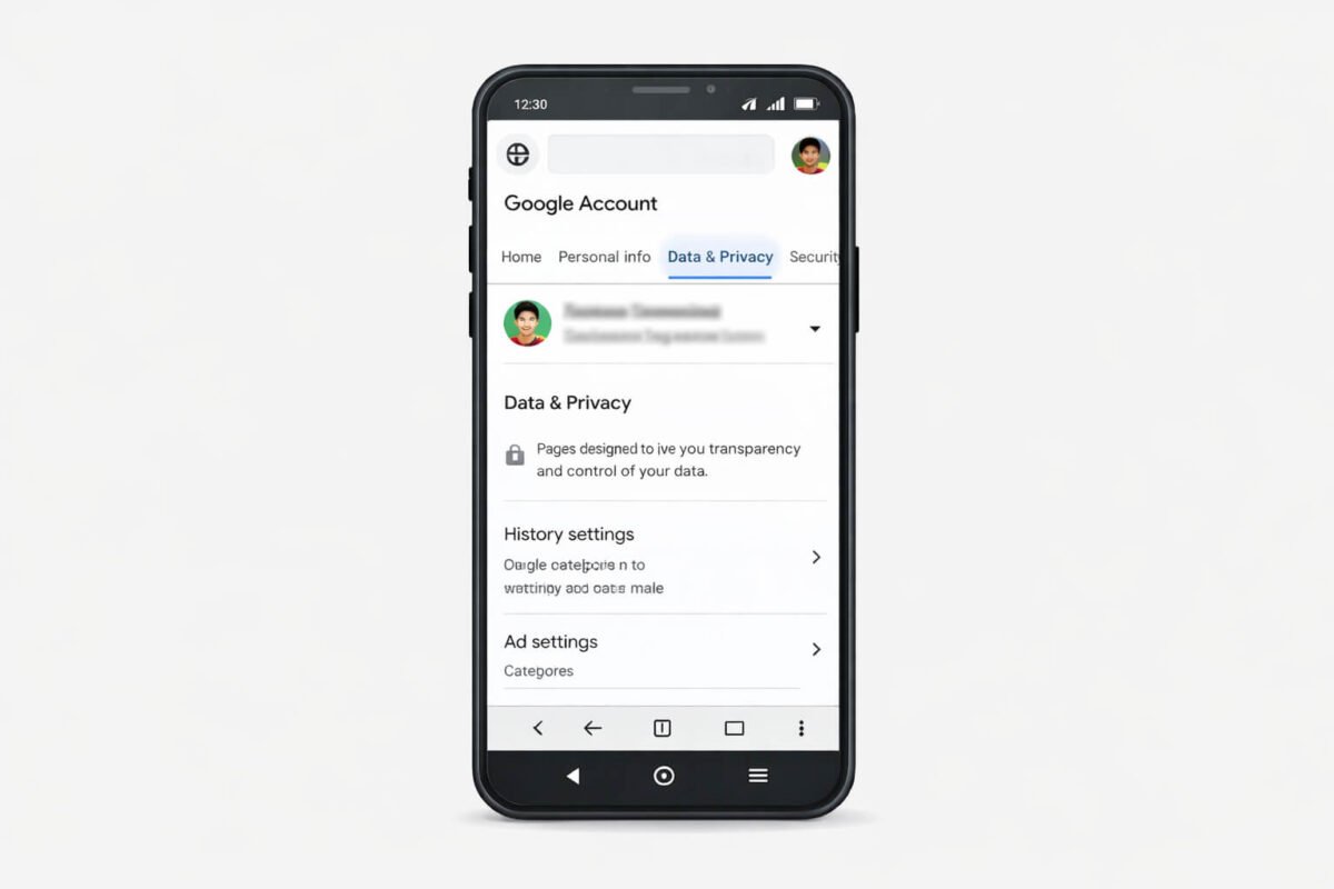Mobile phone par Google Account ke Data & Privacy section ka screen dikhata hua image, jahan se account related settings manage ki jati hain