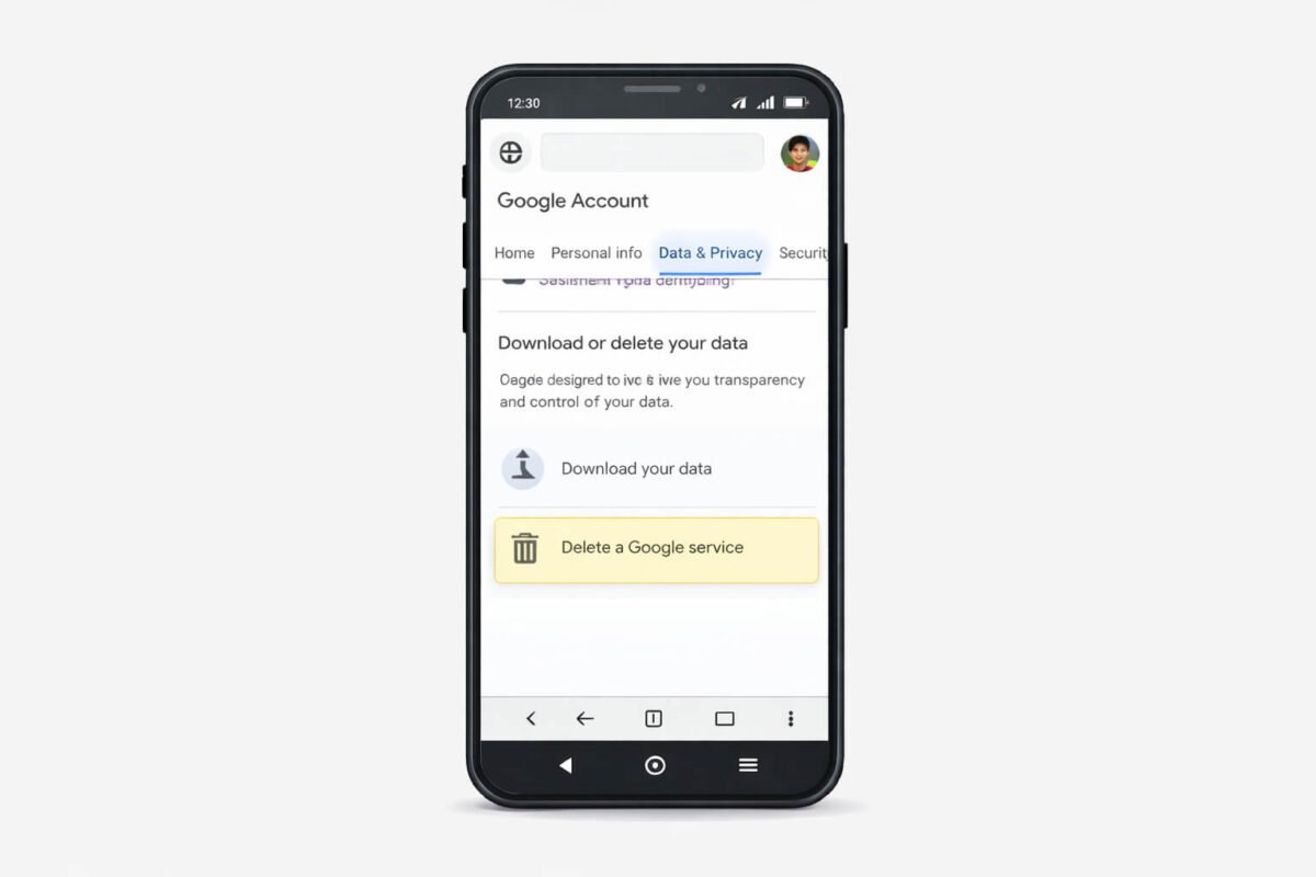 Mobile phone par Google Account ke Data & Privacy section me “Delete a Google Service” option dikhata hua image, jahan se YouTube select kiya jata hai