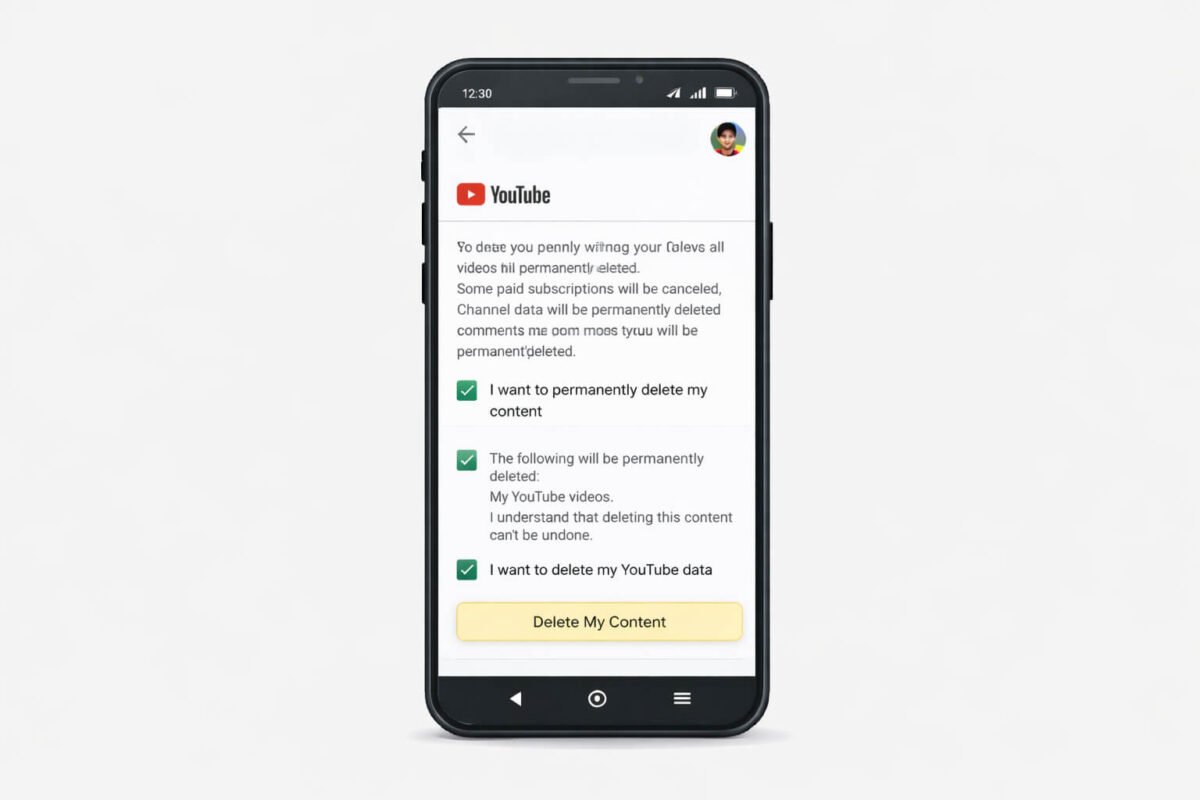 Mobile phone par YouTube channel permanently delete karne ki final warning aur “Delete My Content” confirmation screen dikhata hua image