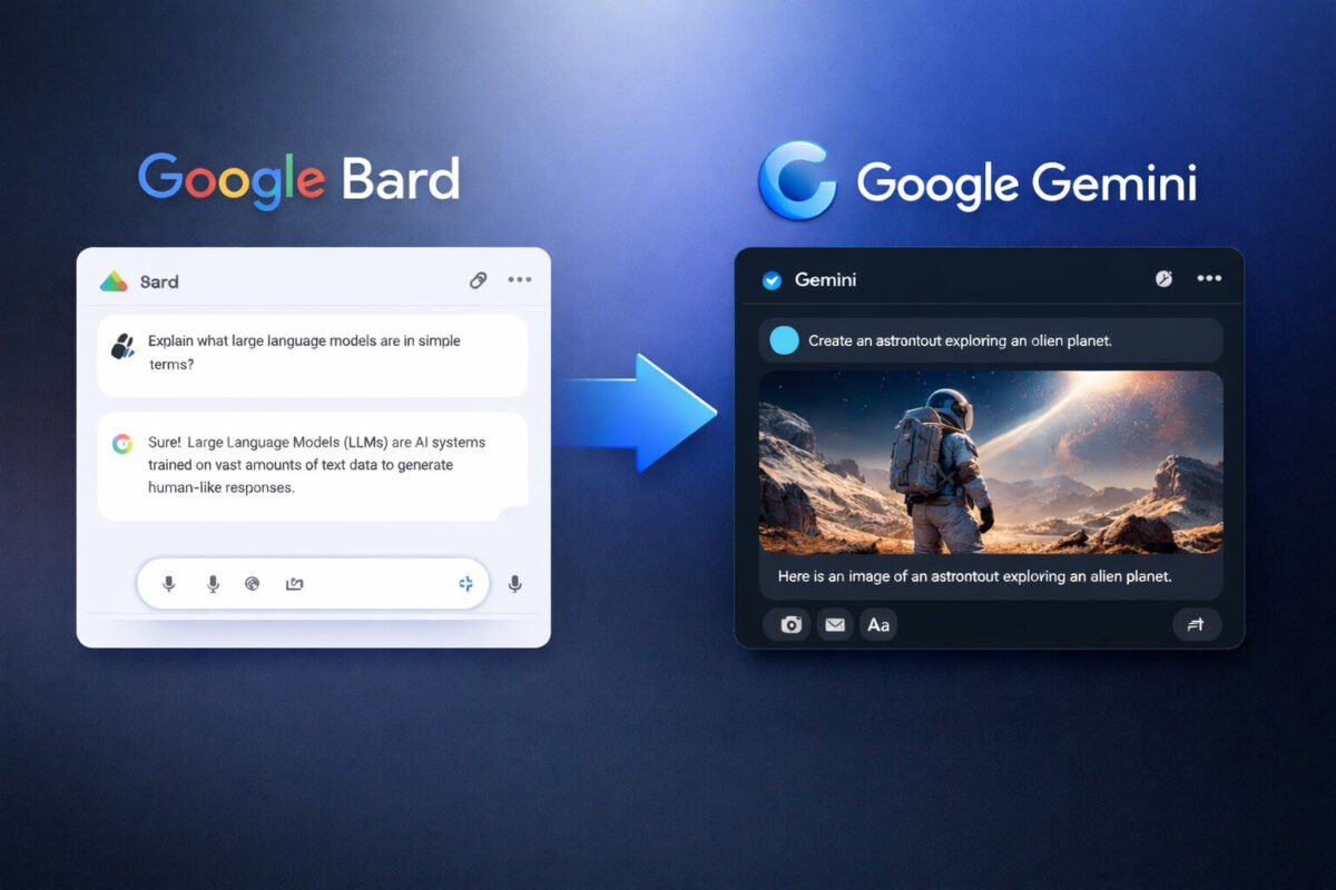 Google Bard and Google Gemini AI interface comparison showing evolution of Google AI chatbot