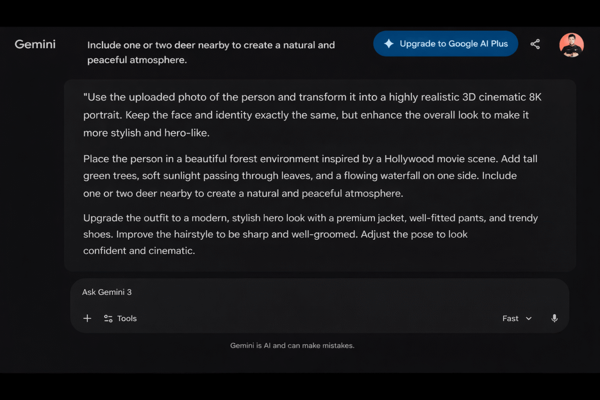 Gemini AI ka screenshot jisme 3D 8K cinematic photo banane ke liye detailed prompt likha hua hai, jungle background, waterfall aur deer ke saath.
