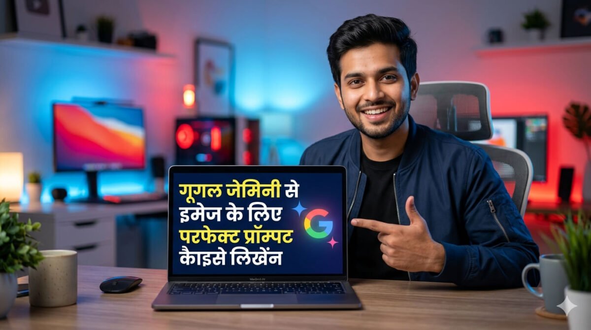 Google Gemini se image ke liye perfect prompt likhne ka thumbnail, jisme ek ladka laptop par prompt dikhate hue baitha hai