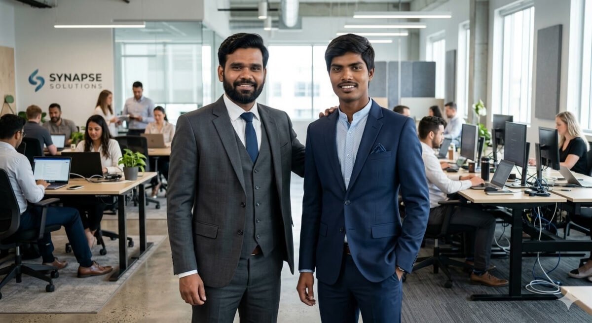 AI generated image of two professional men standing in modern office, wearing formal suits, friendly pose with hand on shoulder
