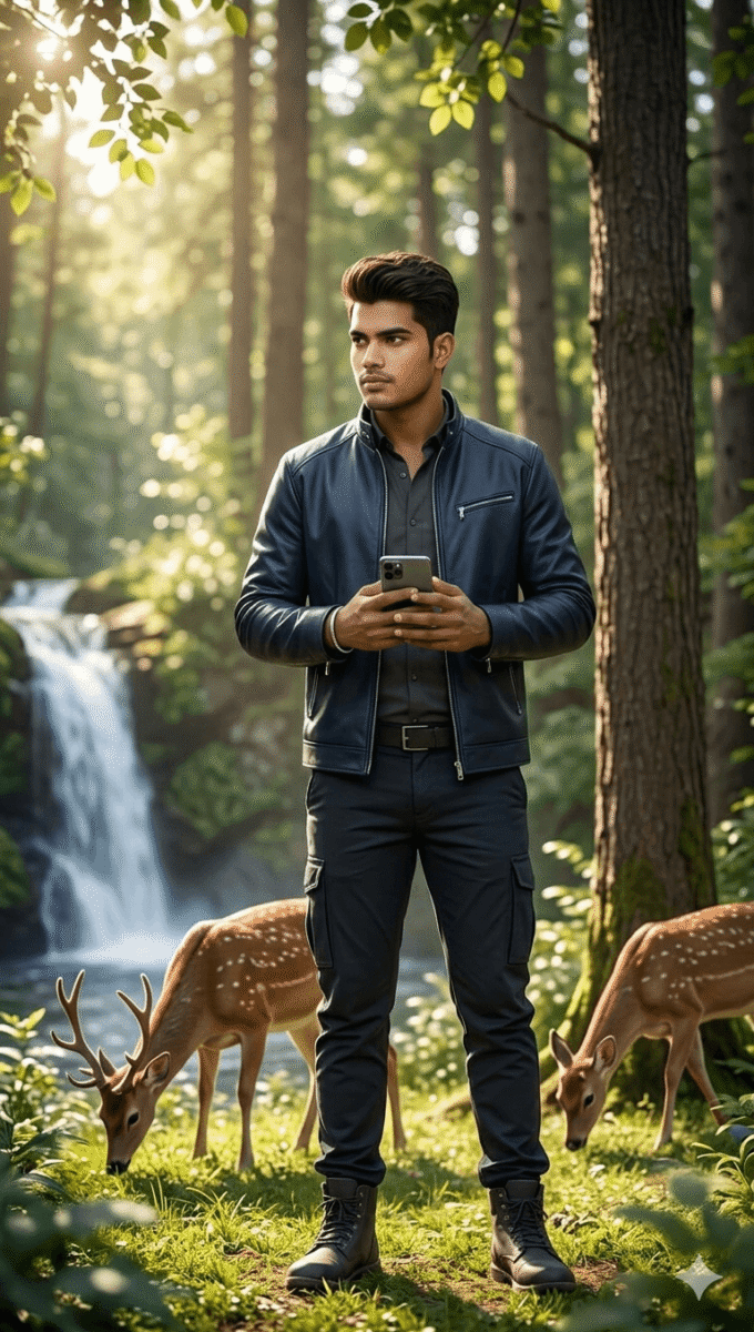 AI generated 3D cinematic photo of man standing in forest with waterfall and deer, stylish hero look