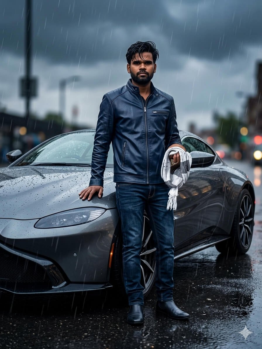 Gemini se bani stylish AI photo car ke sath rainy cinematic background 8K image