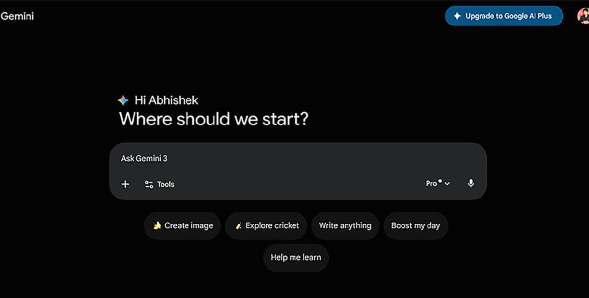 Google Gemini AI dashboard screen after login