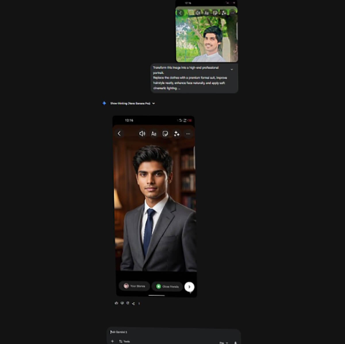 Google Gemini AI se professional photo generate hone ka result screen