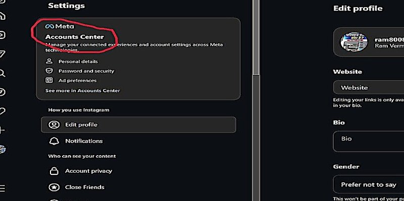 Instagram settings me Account Center option highlighted screenshot