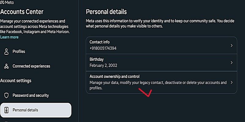 Instagram Personal details me Account ownership and control option ka screenshot
