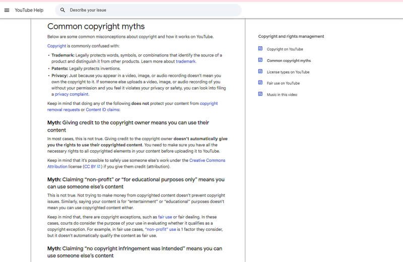 YouTube copyright common myths official help page screenshot explaining credit, non profit and copyright misconceptions