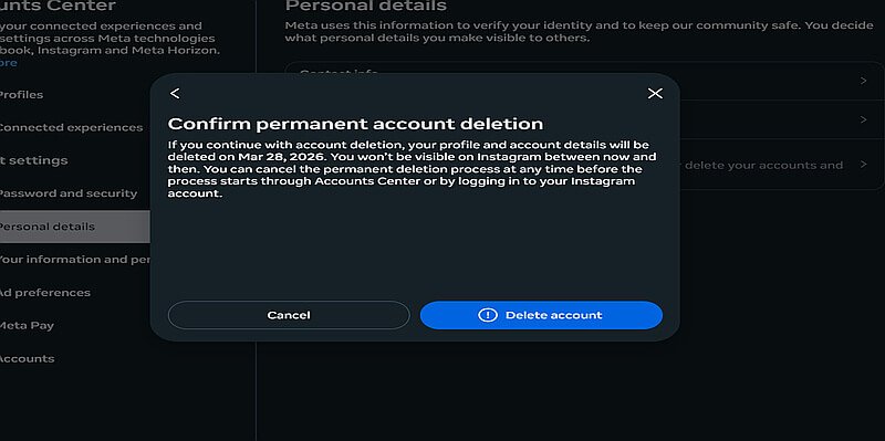 Instagram confirm permanent account deletion screen with delete account button