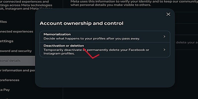 Instagram Account ownership and control me Deactivation or deletion option screenshot
