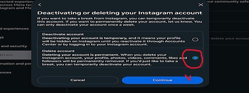 Instagram Delete account option select and continue button screenshot