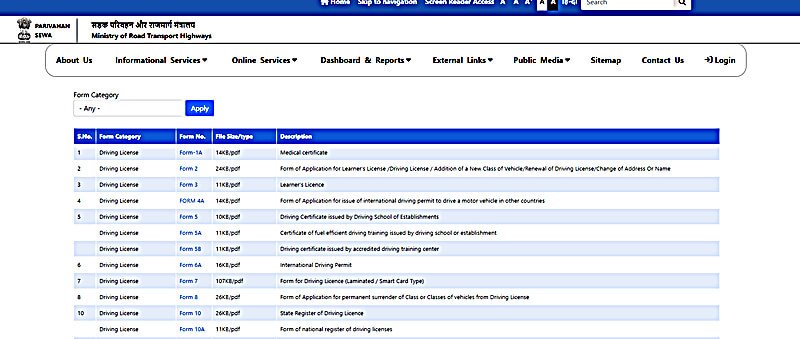 parivahan portal downloadable forms driving license forms list