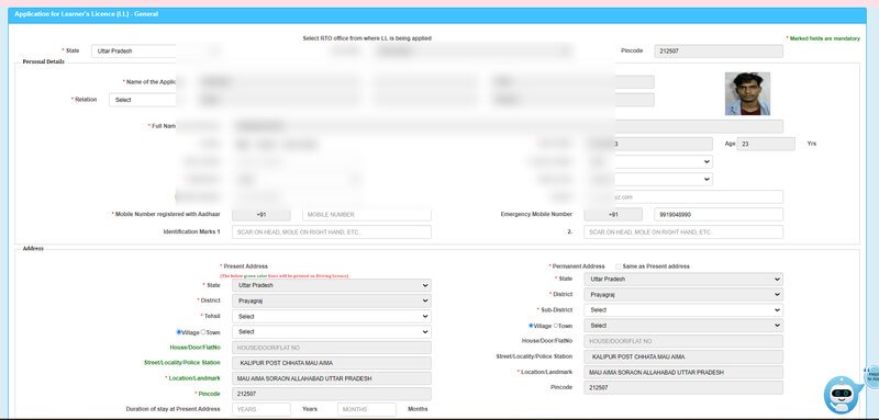 Learner Licence application form Part 1 personal details address autofill process screenshot