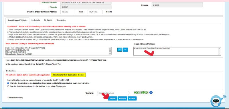 Learner Licence application form Part 2 select class of vehicle declaration captcha process screenshot