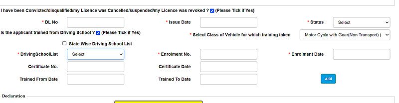 Learner Licence driving school training details form enrolment certificate information screenshot