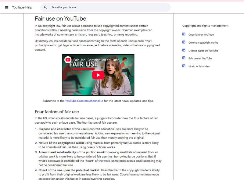 YouTube fair use on YouTube official help page screenshot explaining four factors of fair use