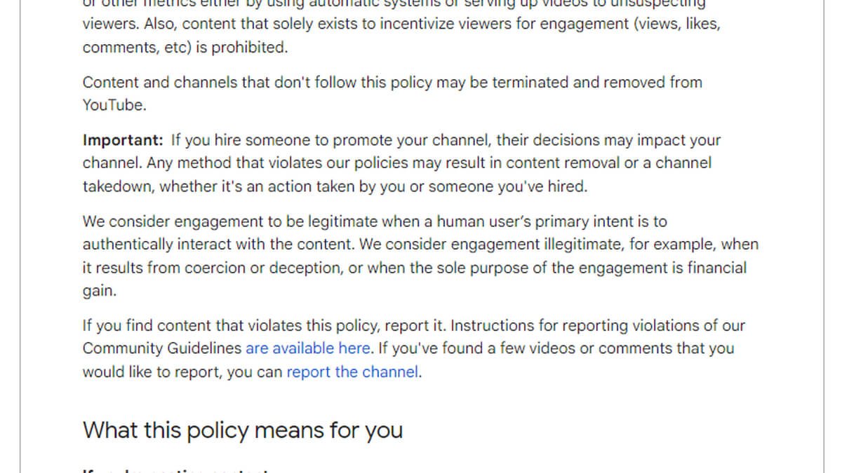 Fake Engagement Policy YouTube official guidelines page