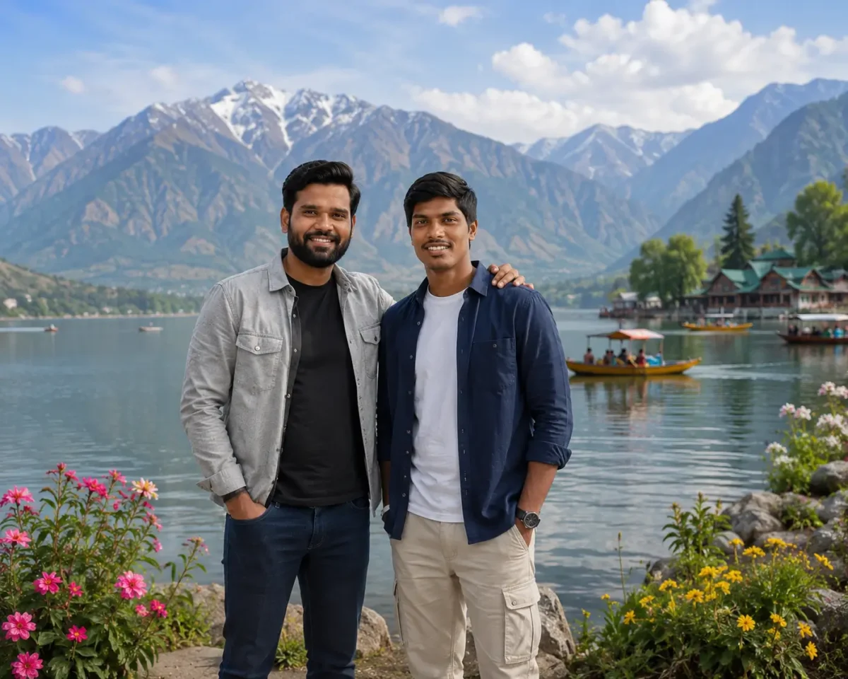 Gemini AI से बनी दो दोस्तों की realistic mountain lake photo