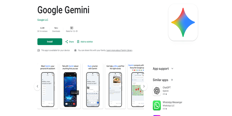 Google Gemini AI app download page on Google Play Store