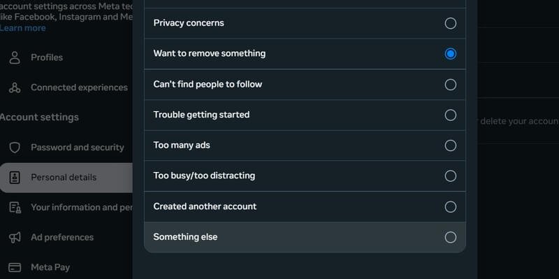 Instagram account delete reason select screen