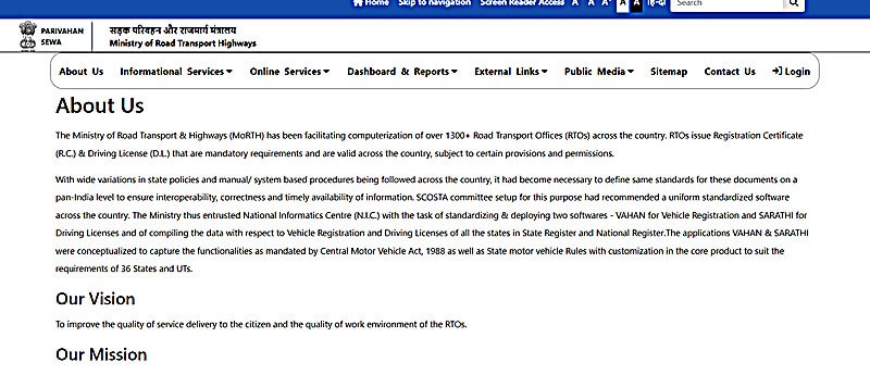parivahan portal about us page