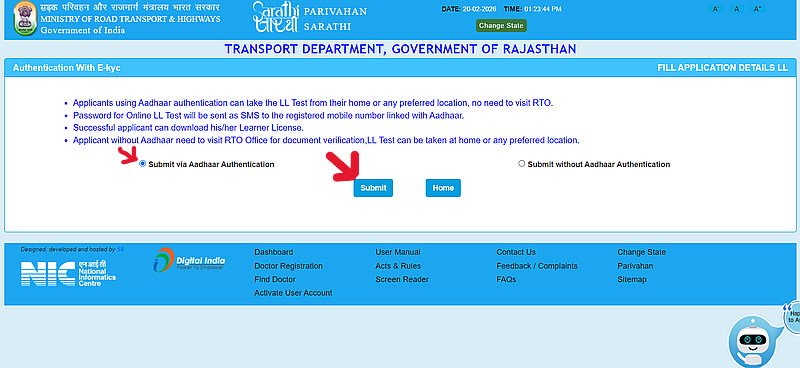 Parivahan Sarathi portal par Aadhaar authentication select karke learner licence apply karne ka step