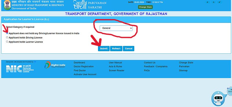 Parivahan Sarathi portal learner licence application screen showing select category as General and first option selected