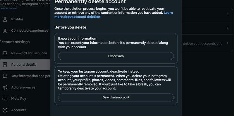 Instagram permanently delete account continue button screen