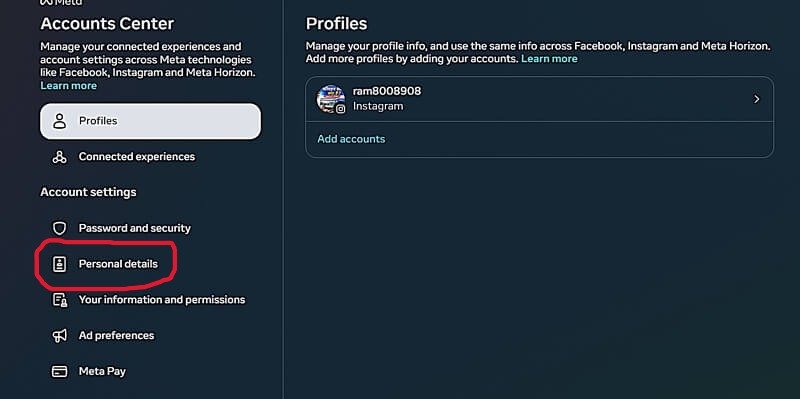 Instagram Account Center me Personal details option ka screenshot
