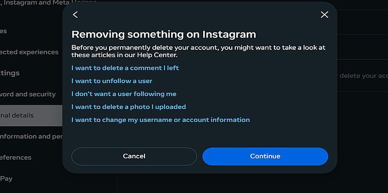 Instagram delete account reason suggestions screen continue button