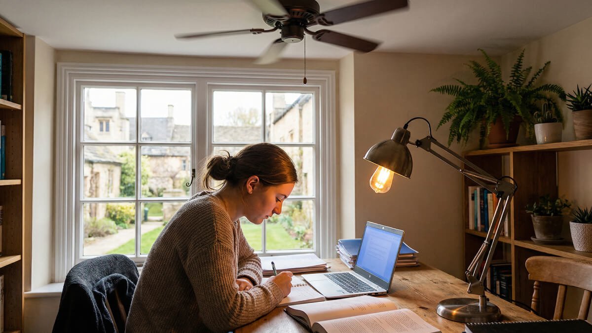 AI generated student studying at desk with laptop in cozy room