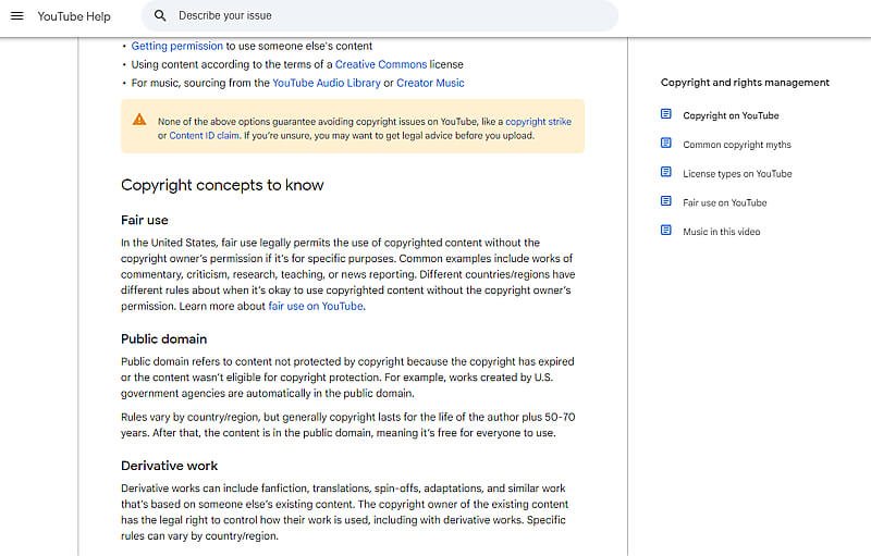 YouTube copyright concepts to know fair use public domain derivative work official help page screenshot