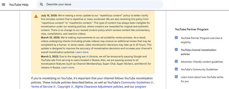 YouTube monetization policy latest updates official YouTube Help screenshot