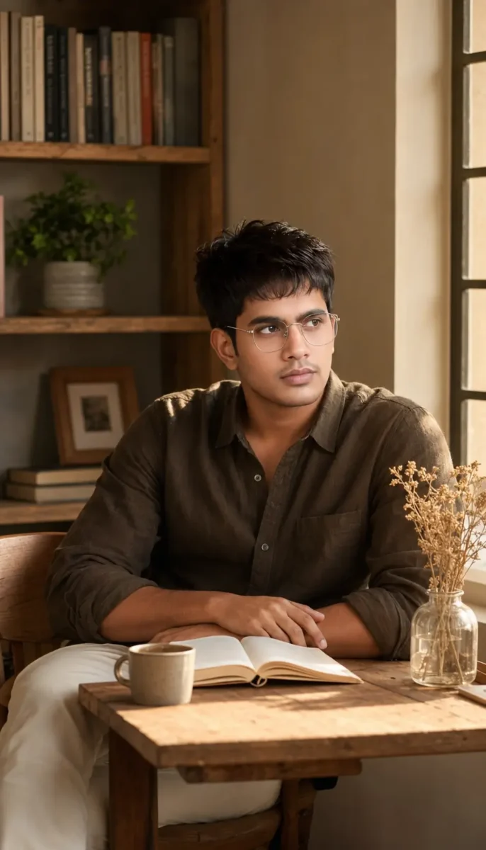 A young man wearing thin silver-frame glasses and a dark olive-brown linen shirt sits at a rustic wooden table with an open book and a coffee mug, looking thoughtfully out of a sunlit window in a warm, minimalist room.