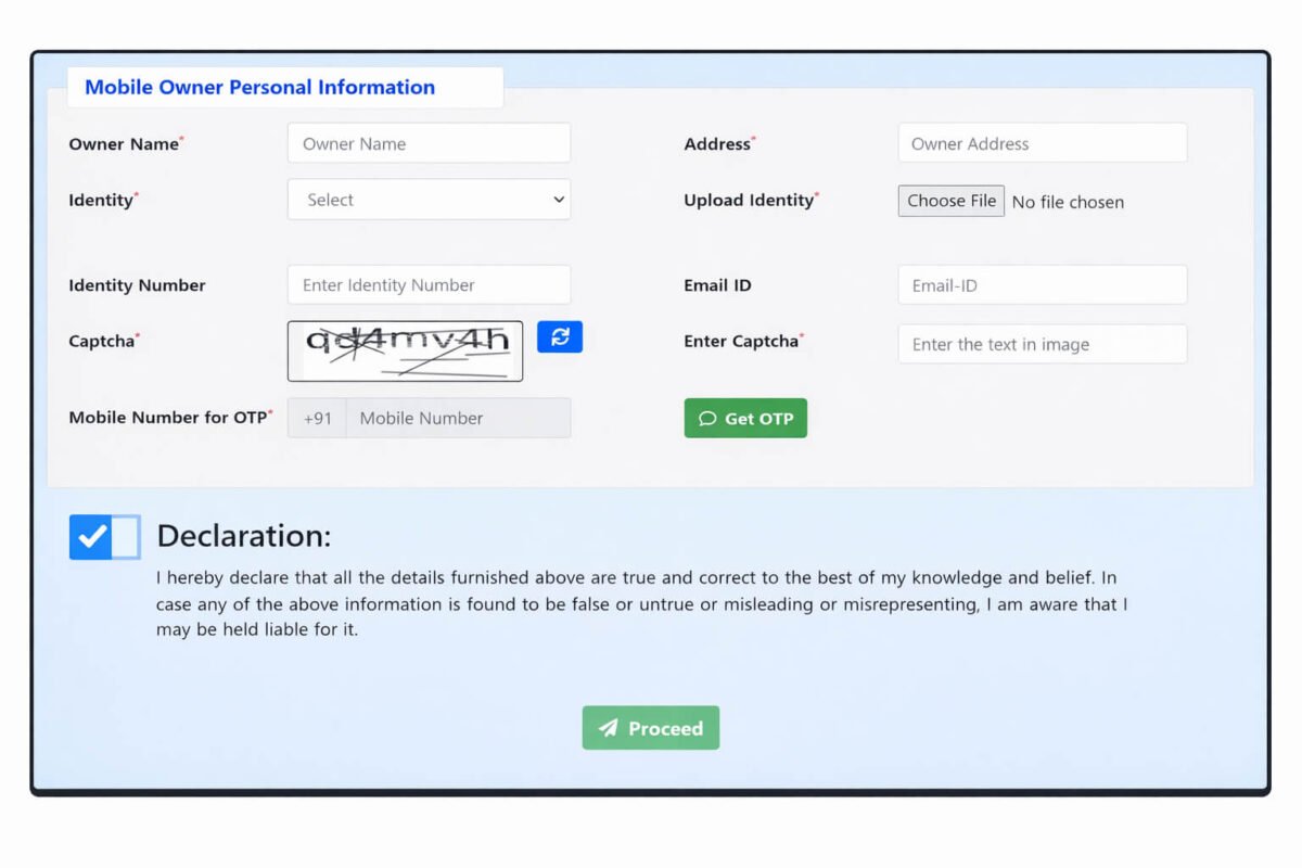 CEIR form personal information owner name identity OTP captcha fill kaise kare screenshot
