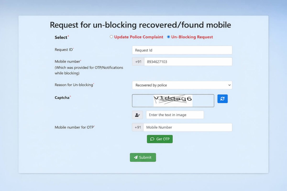 CEIR unblocking request form screenshot Sanchar Saathi mobile unblock process with request ID mobile number captcha OTP submit button