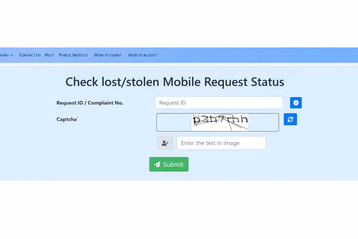 CEIR lost stolen mobile request status check form Sanchar Saathi portal request ID captcha submit button check phone block status